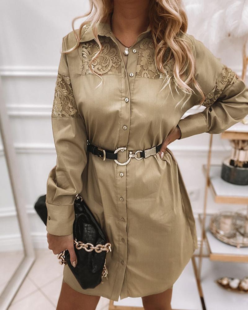 

Contrast Lace Long Sleeve Button Down Shirt Dress, Khaki