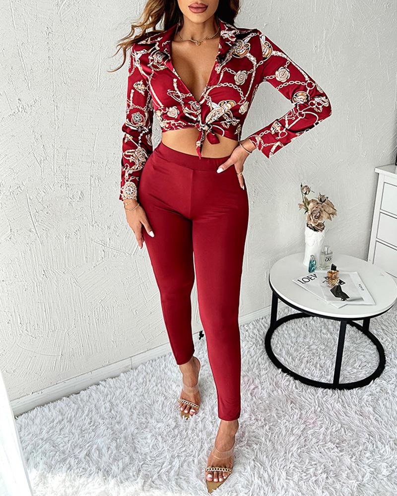 

Chain Baroque Print Button Down Shirt & Pants Set, Wine red