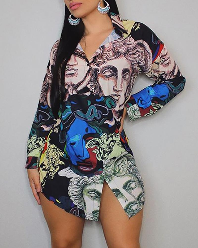 

Figure Print Long Sleeve Buttoned Shirt, Gray