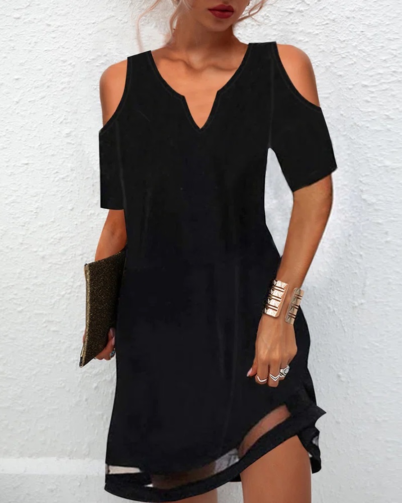 

Contrast Mesh Cold Shoulder Casual Dress, Black