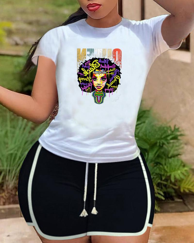 

Figure Cartoon Print Short Sleeve T-shirt With Drawstring Side Stripe Short Pants Suit Sets, White
