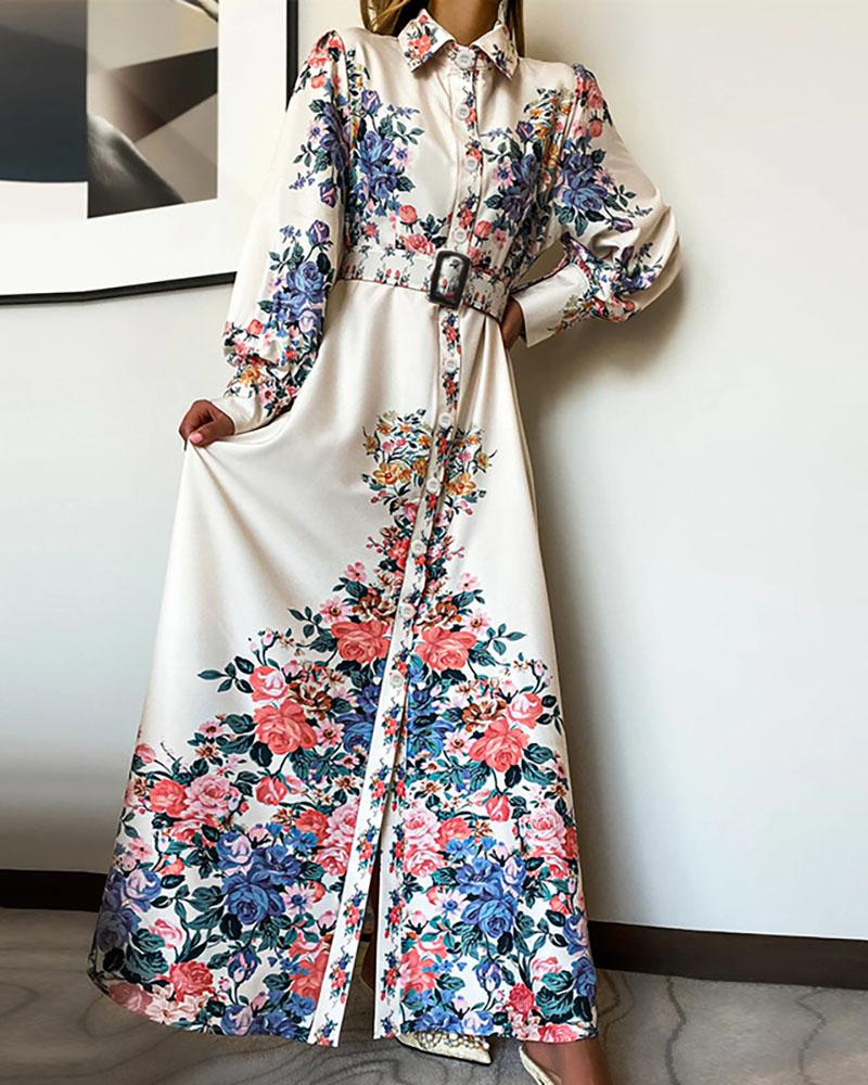 

Floral Print Button Design Maxi Dress, White