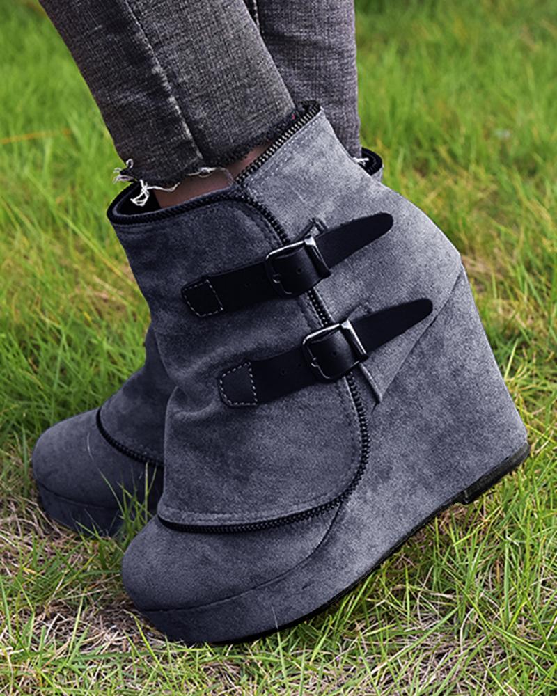 

Buckled Wedge Ankle Boots, Gray
