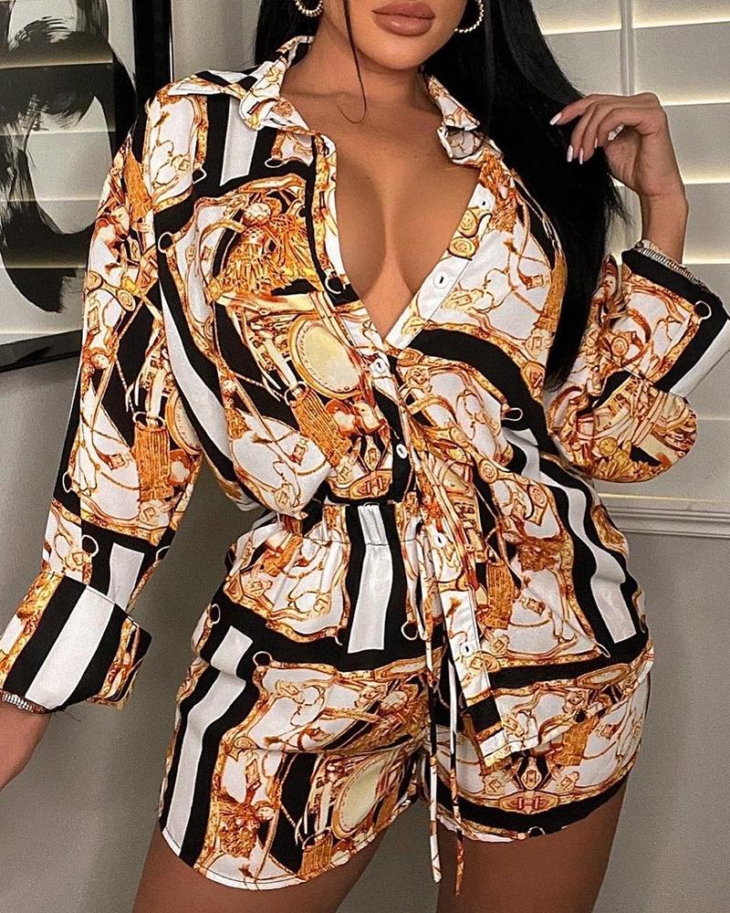 

Baroque Print Buttoned Shirt & Drawstring Shorts Set, Dark yellow