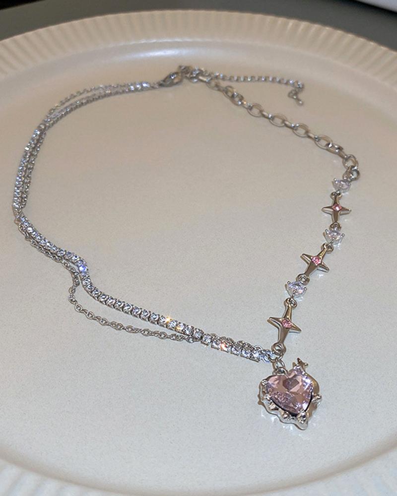 

1pc Heart Shaped Gem Stone Pendant Necklace, Pink