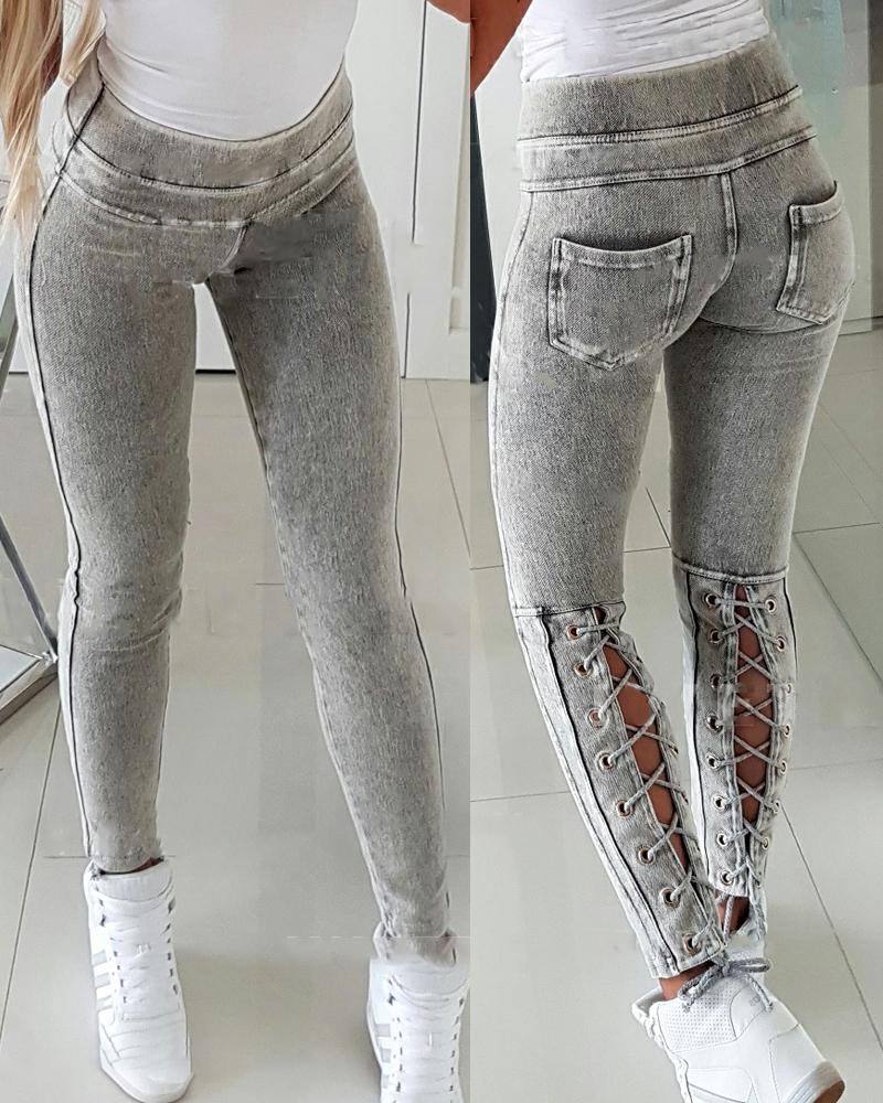 

Solid Color Lace-up Skinny Jeans, Gray