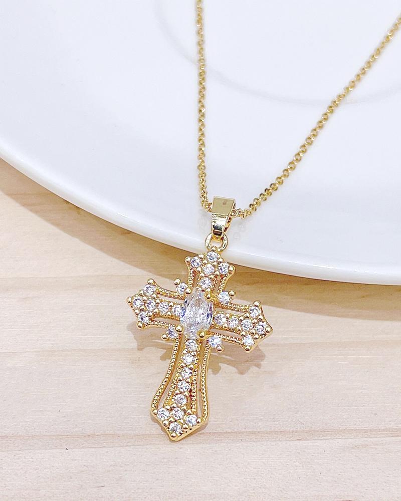 

1pc Zircon Decor Cross Pendant Necklace, Style2