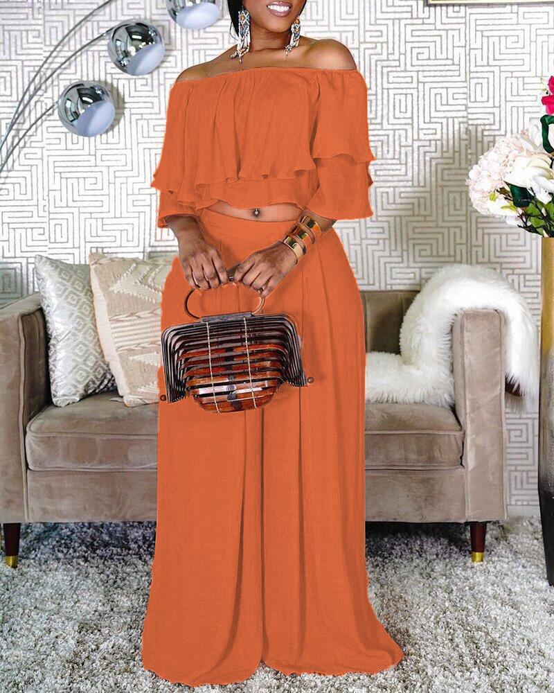 

Off Shoulder Ruffle Hem Crop Top & Wide Leg Pants Set, Orange