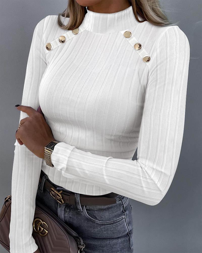 

Buttoned Long Sleeve Ribbed Top, White