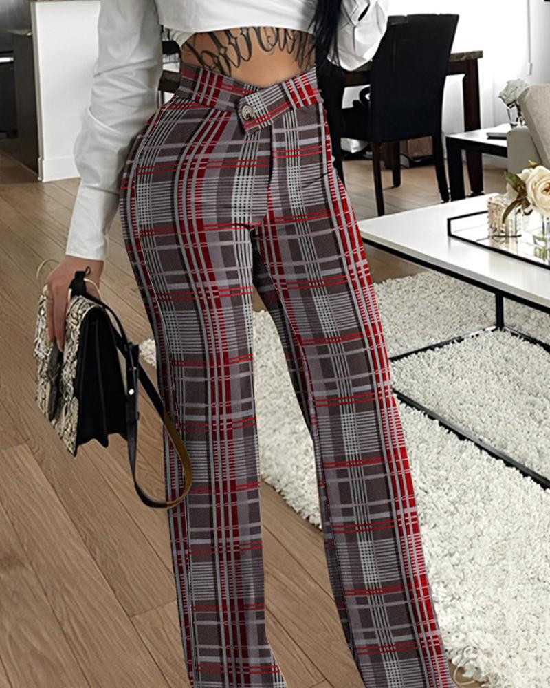 

Plaid Print Overlap Waist Work Pants, Wine red