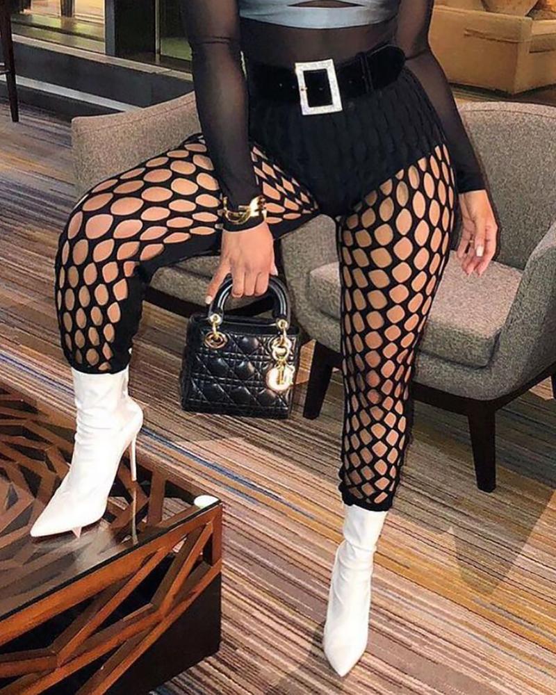 

Fishnet Design Plain Long Pants, Black