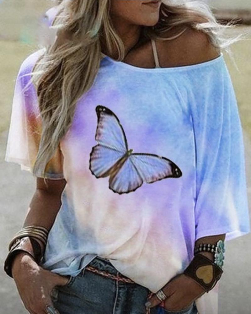 

Butterfly Tie Dye Print Casual T-shirt, Blue