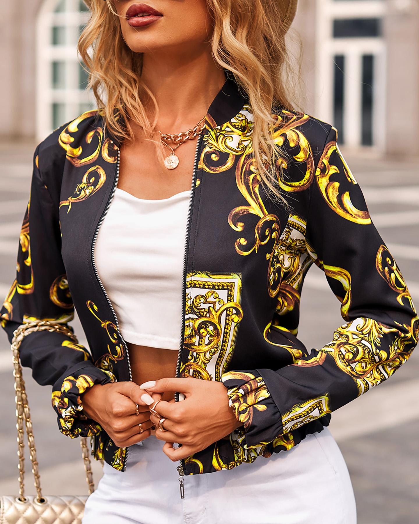 

Baroque Print Long Sleeve Zip Up Jacket, Black