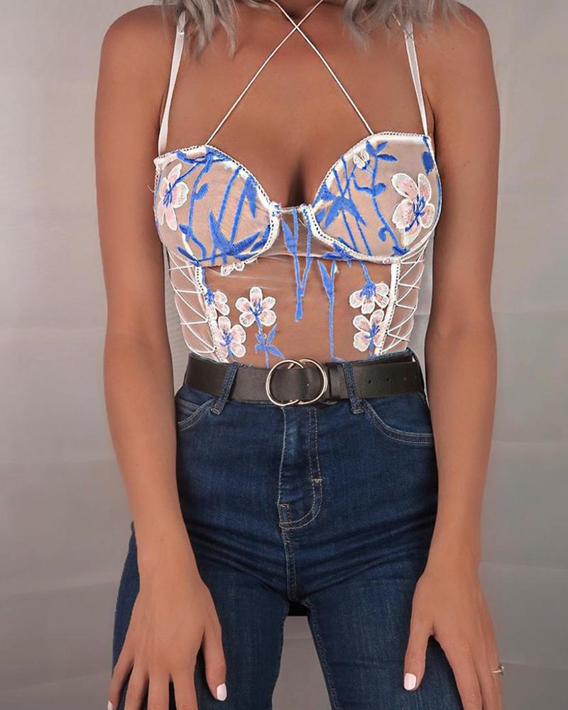 

Fashion Womens Floral Embroidery See Through Lace Up Bodysuit Lingerie, White