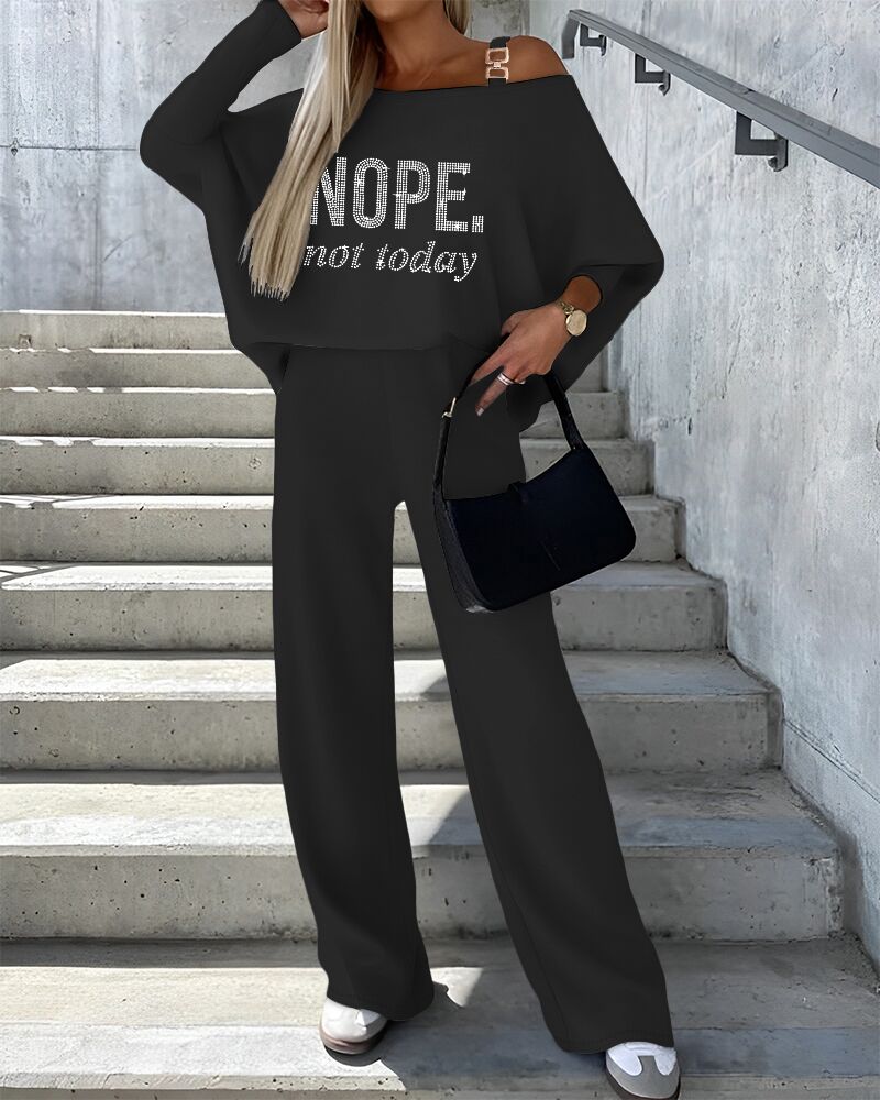 

Rhinestone Nope Not Today Pattern Top & Pants Set, Black