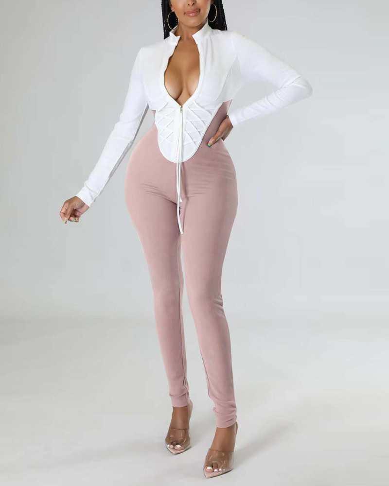 

Colorblock Patchwork Zip Front Long Sleeve Jumpsuit, White