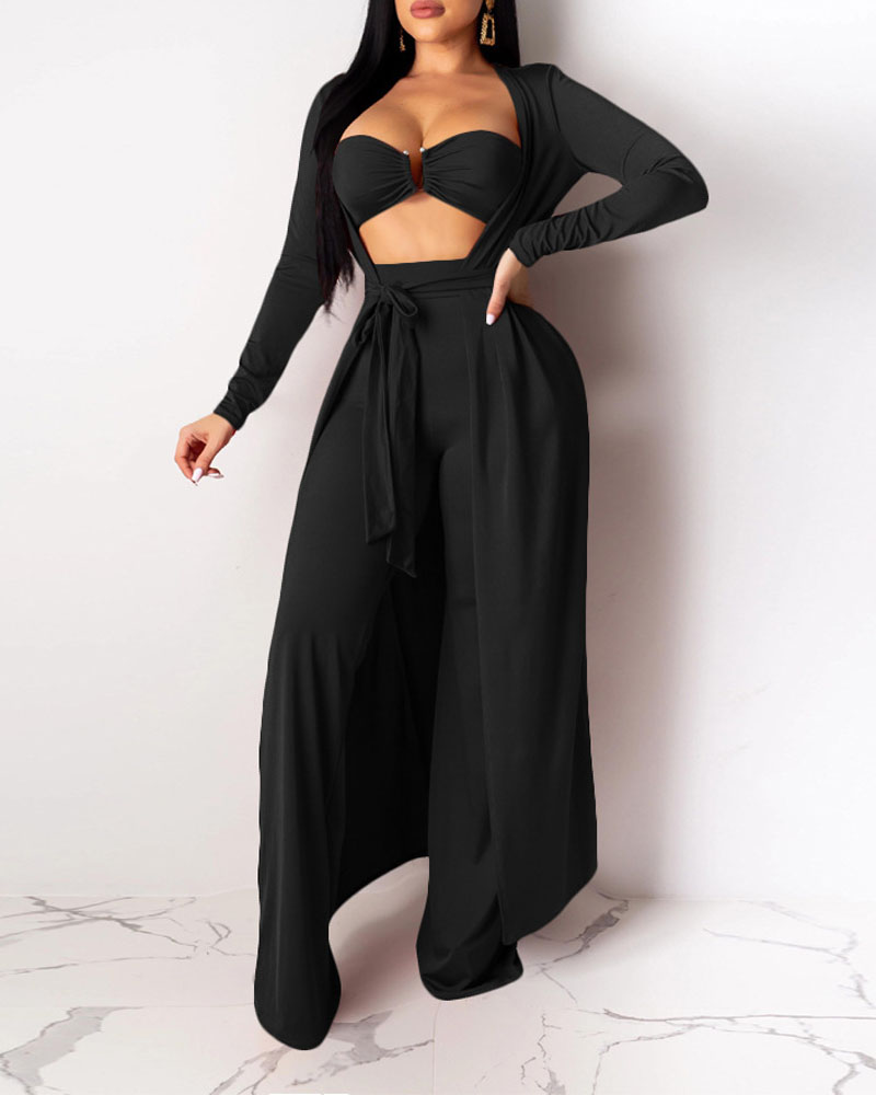 

Ruched Bust Crop Tube Top & Pants With Longline Belted Cardigan Set, Black