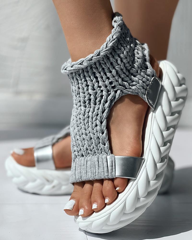 

Hollow Out Knit Platform Sandals, Gray