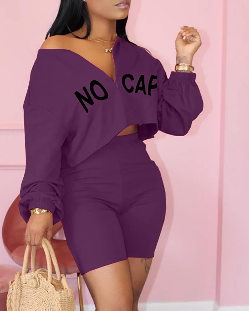 

Letter Print Long Sleeve Crop Top & Shorts Set, Purple