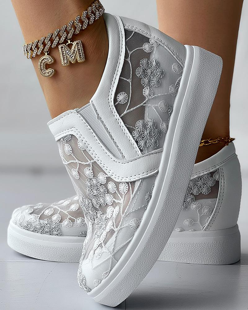 

Plants Embroidery Hidden Wedge Sneakers, White&gray