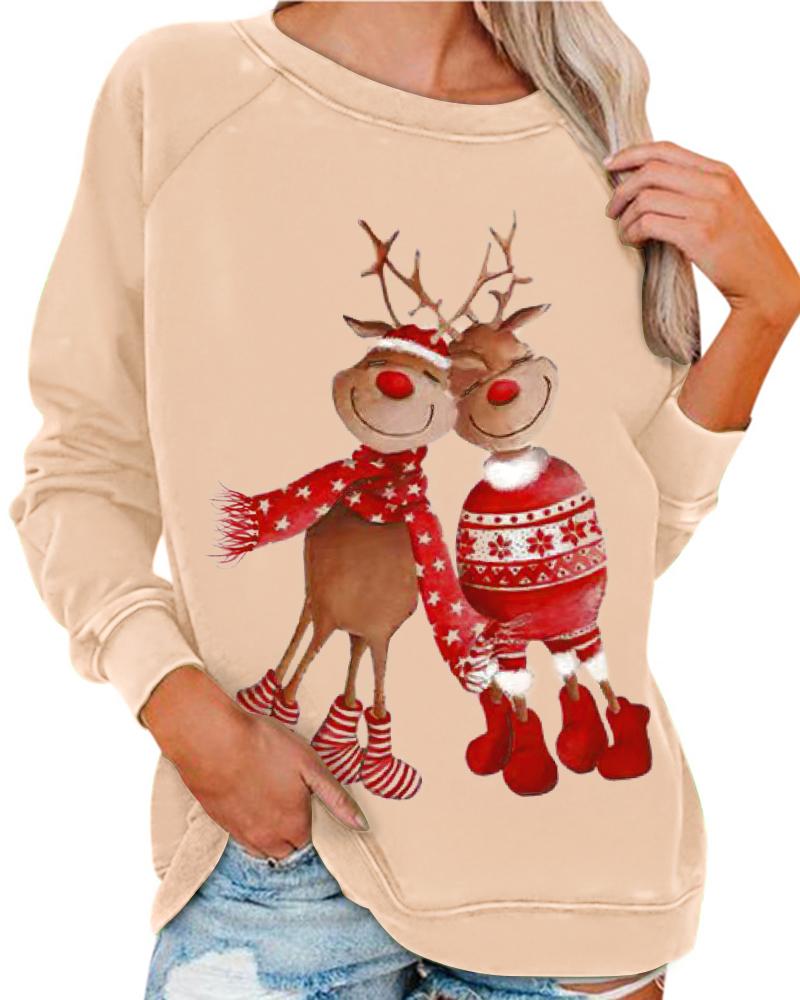 

Christmas Elk Print Long Sleeve Casual Top, Apricot