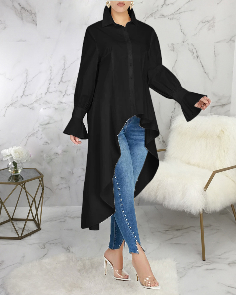 

Flounce Sleeve Button Front High Low Hem Shirt, Black