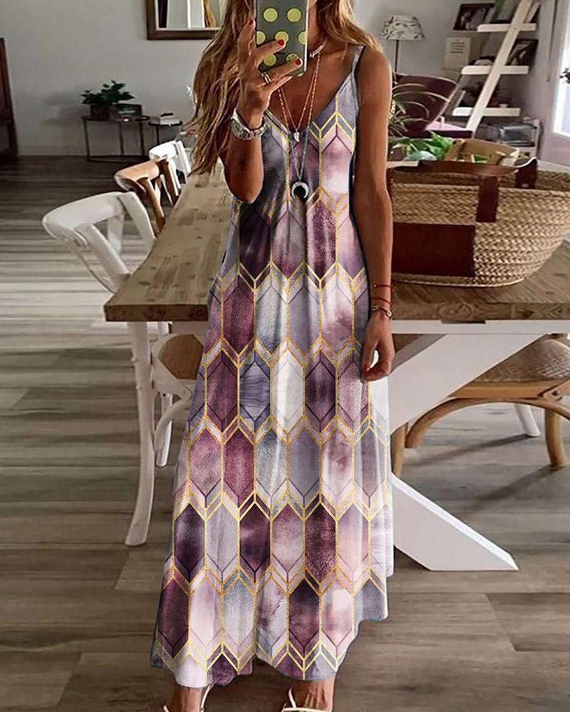 

Colorblock Patterns Print Sleeveless Loose Long Dress, Style3