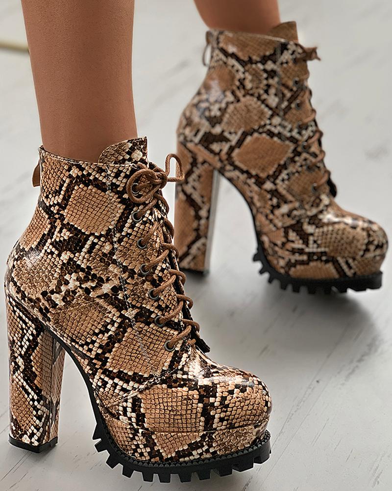 

Snakeskin Eyelet Lace-up Chunky Heels