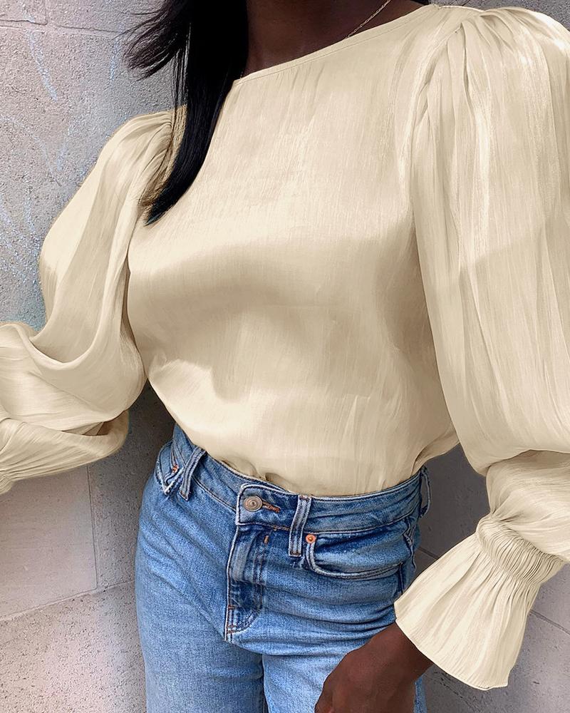 

Round Neck Puff Long Sleeve Plain Top, Khaki