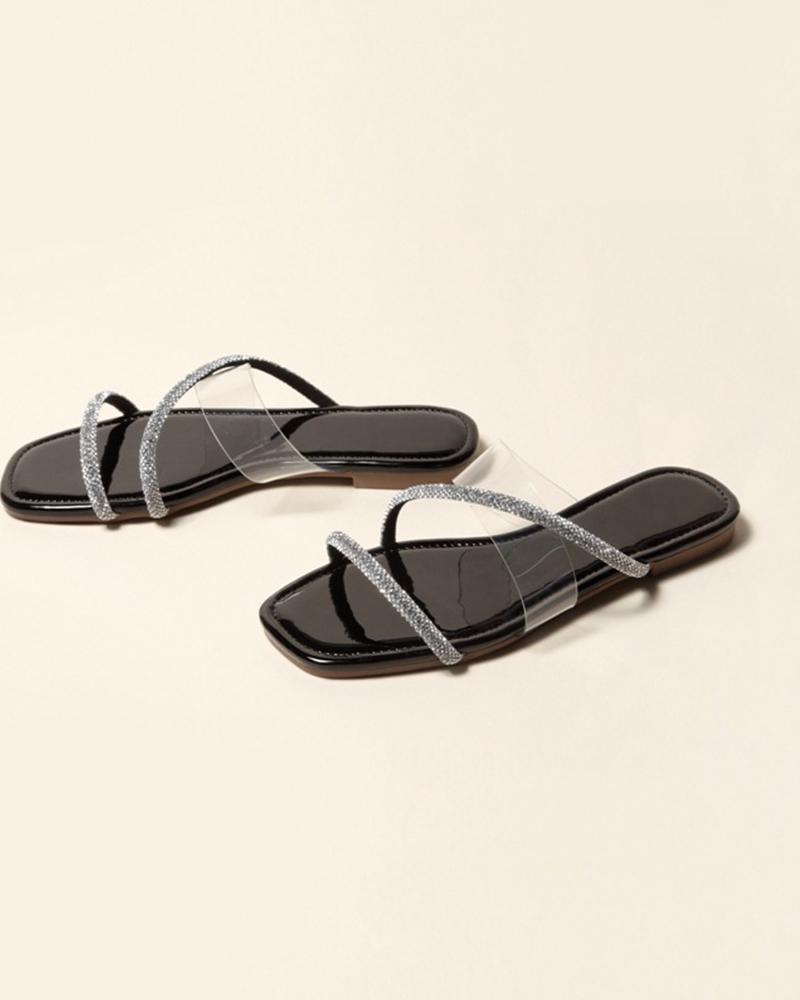 

Crystal Strap Open-toe Flat Sandals, Black