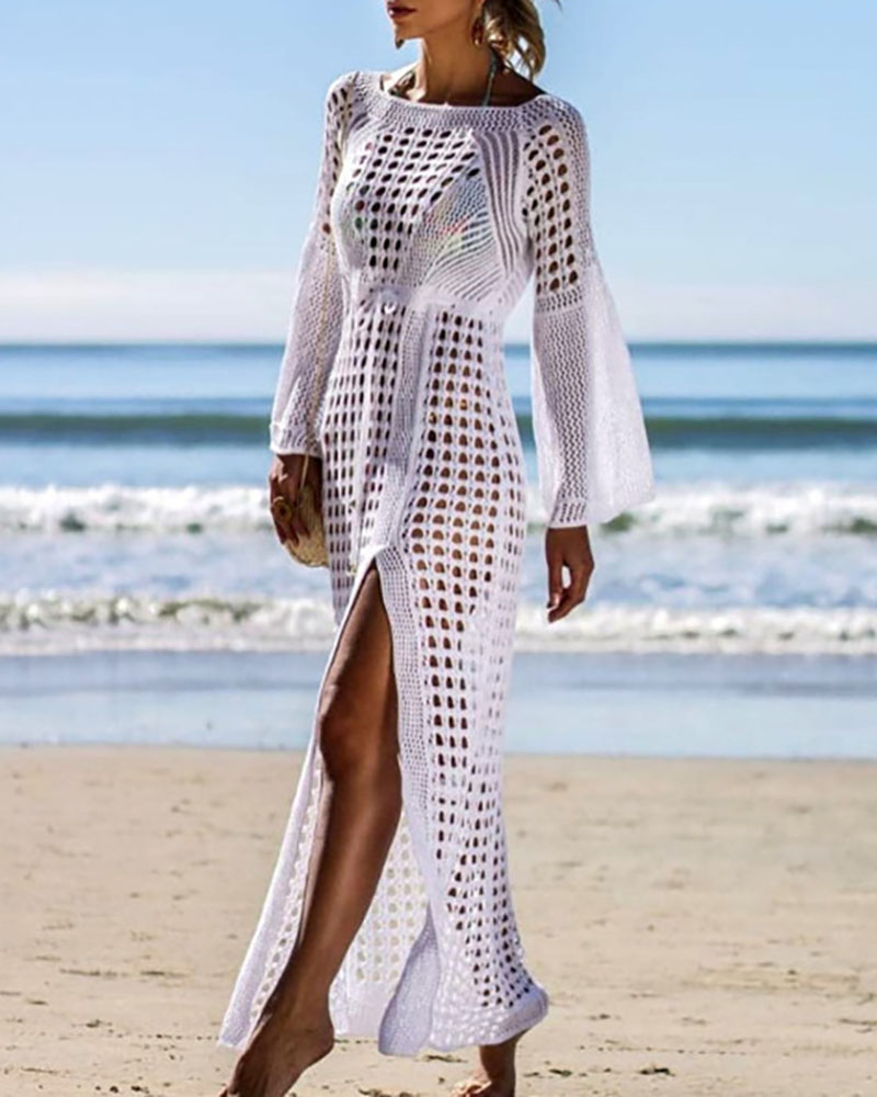 

High Slit Hollow Out Cover Up Dress, White