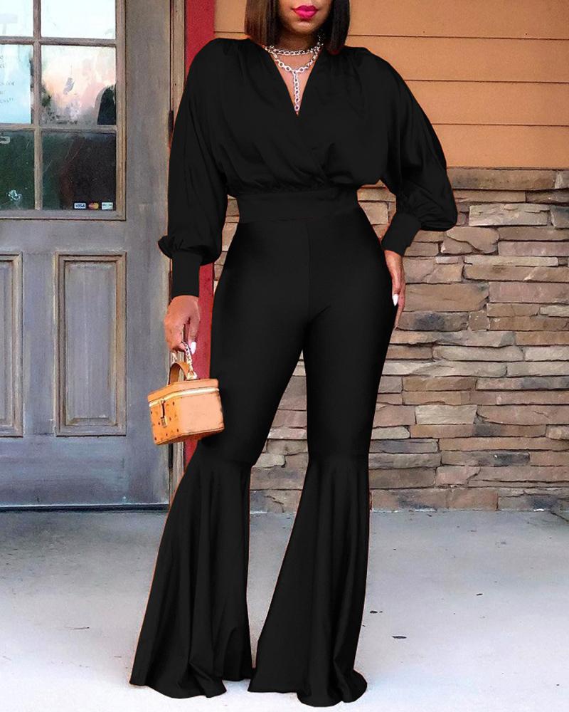 

Lantern Sleeve Top & Ruched Bootcut Pants Set, Black