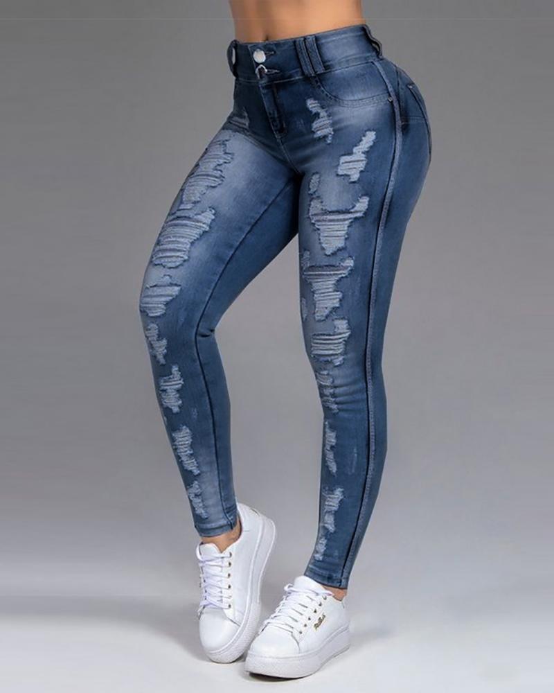 

Ripped Single Button High Waist Jeans, Dark blue