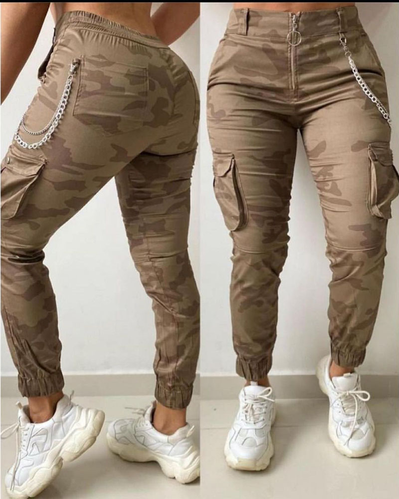 

Camo Print Zipper Fly Flap Pocket Cargo Pants, Khaki
