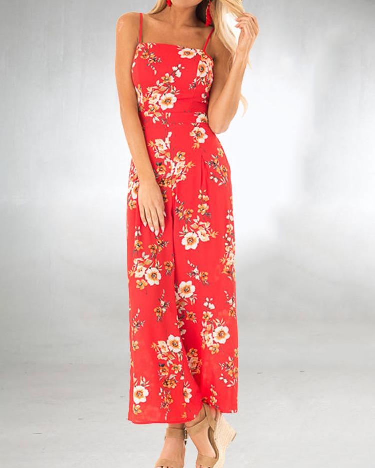 

Floral Print Knotted Back Wide Leg Jumpsuit, Red