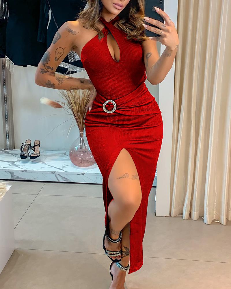 

Halter Slit Hollow Out Ruched Party Dress, Red
