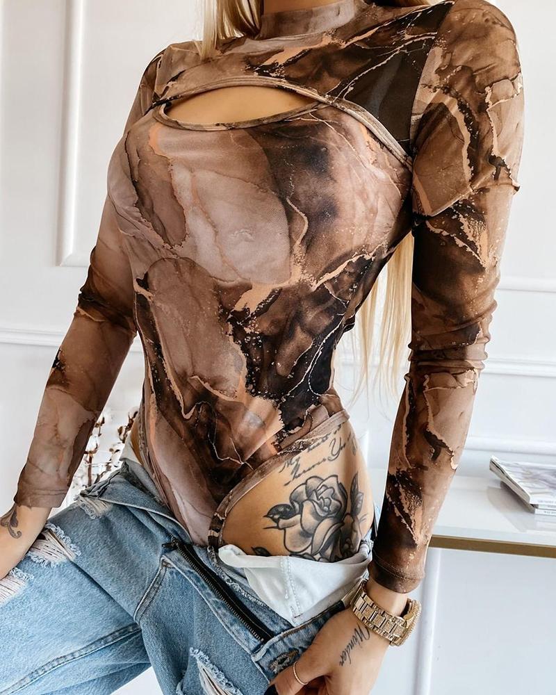 

Marble Print Cutout Long Sleeve Bodysuit, Coffee