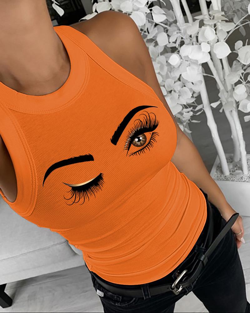 

Eyelash Print Casual Tank Top, Orange