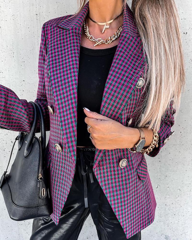 

Plaid Print Button Design Long Sleeve Blazer Coat, Dark purple