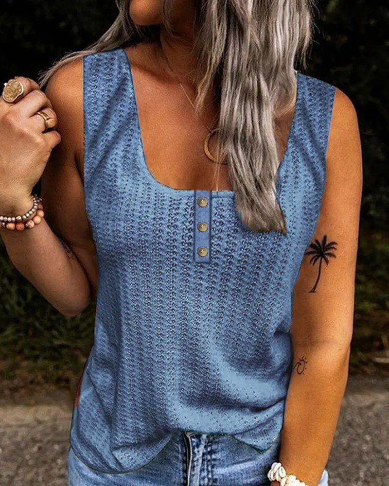 

Button Decor Casual Tank Top, Blue
