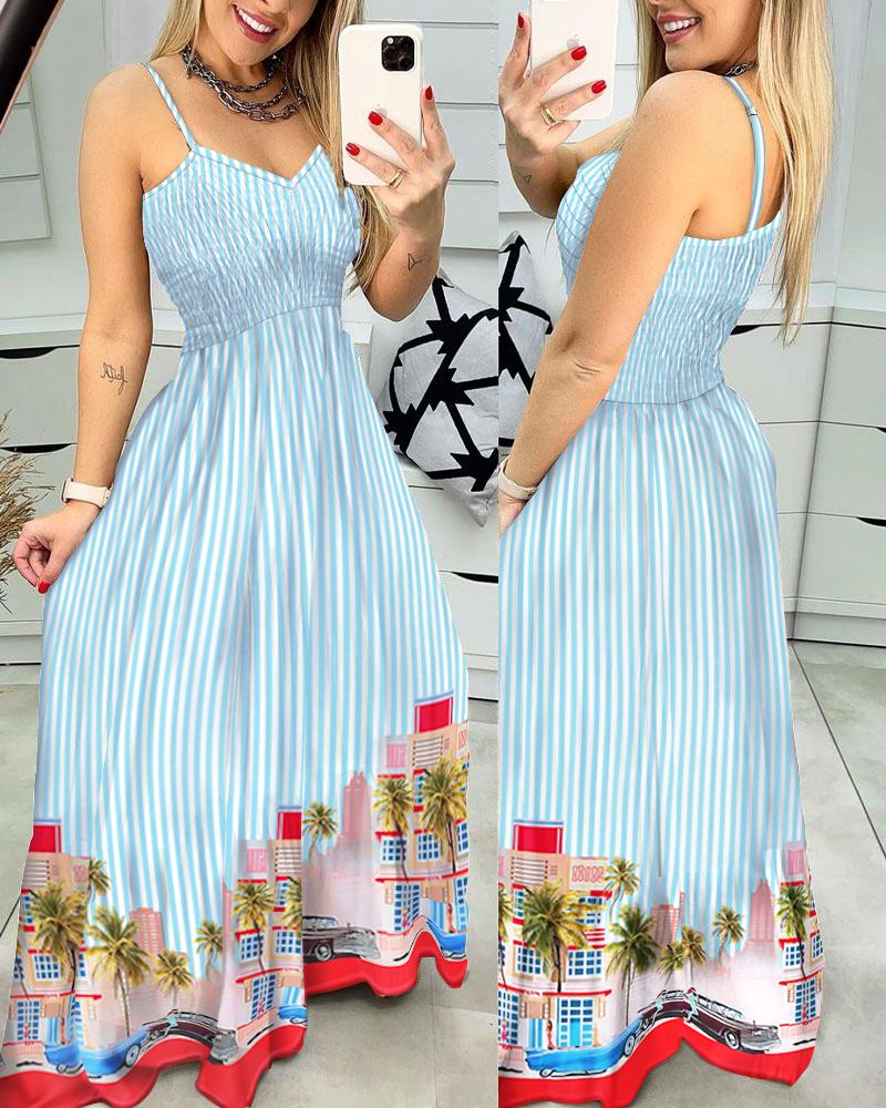 

Landscape Striped Print Shirred Cami Maxi Dress, Blue