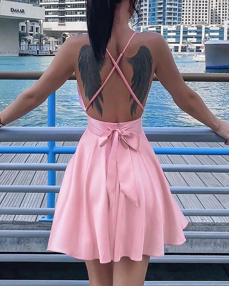 

Crisscross Backless Bowknot Decor Satin Swing Dress, Pink