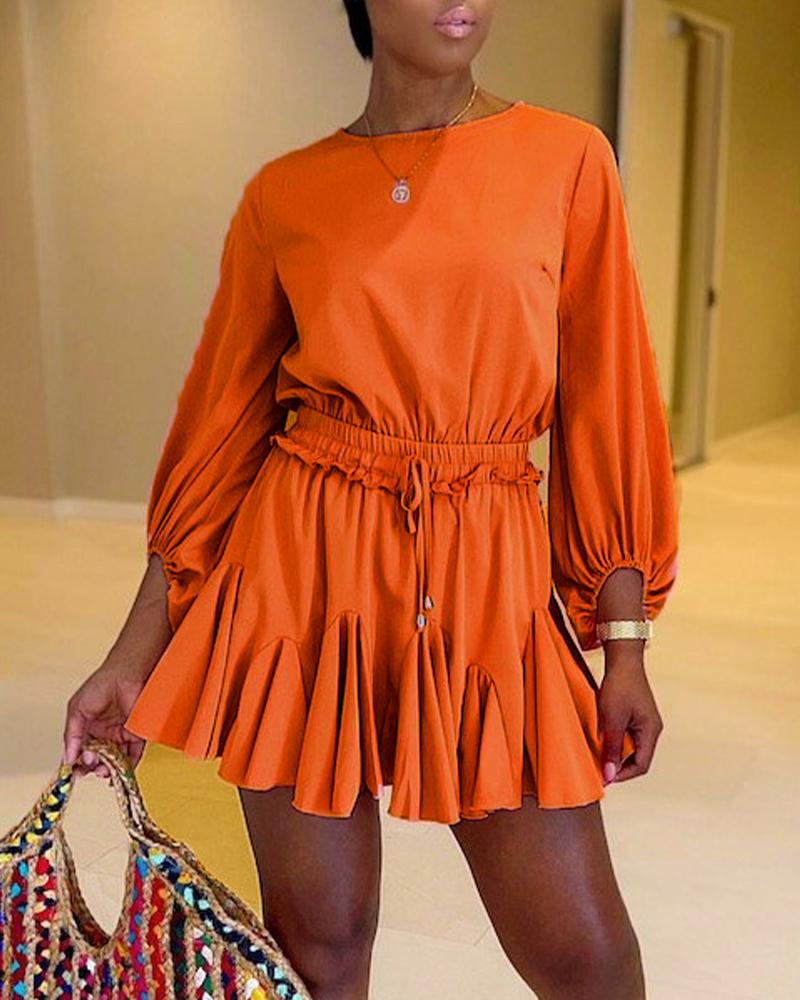 

Long Sleeve Drawstring Ruffle Hem Romper, Orange