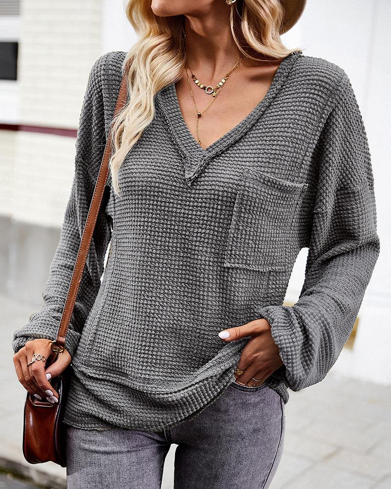 

V-Neck Pocket Design Waffle Knit Top, Gray