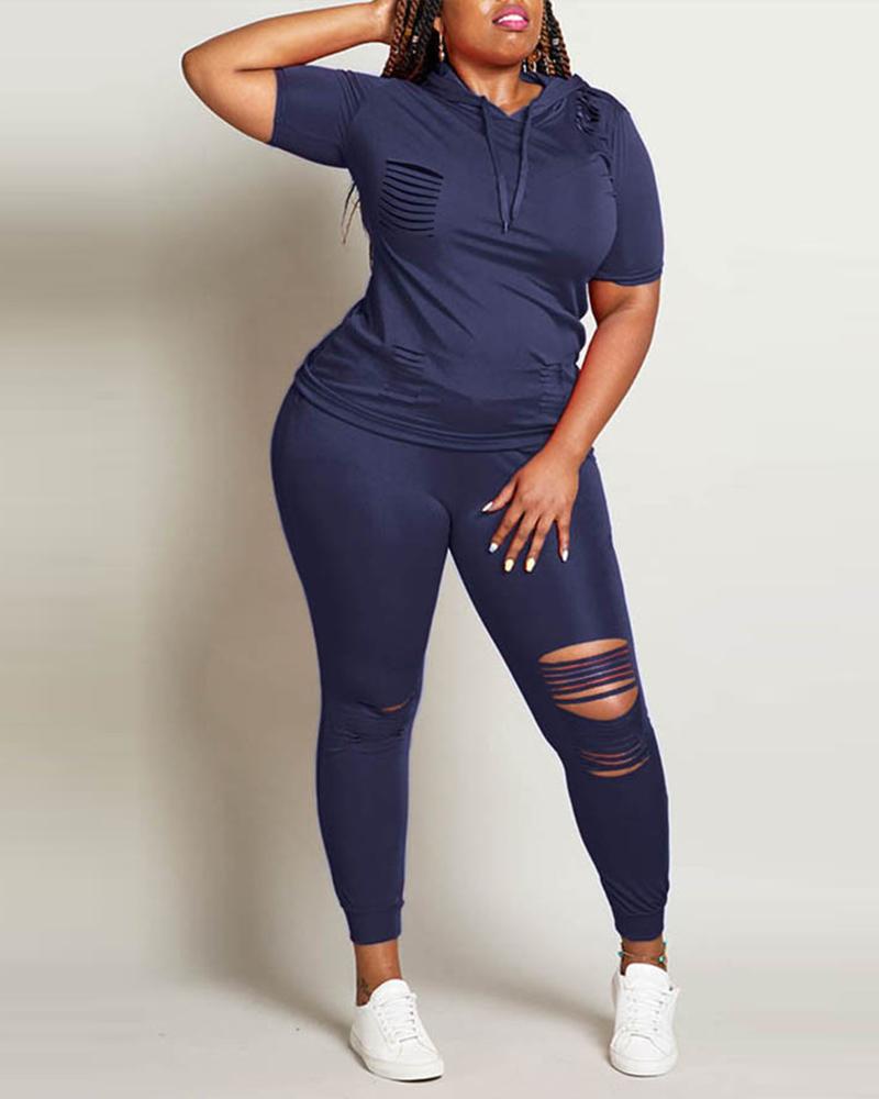 

Solid Ladder Cutout Hooded Top & Pants Set, Dark blue