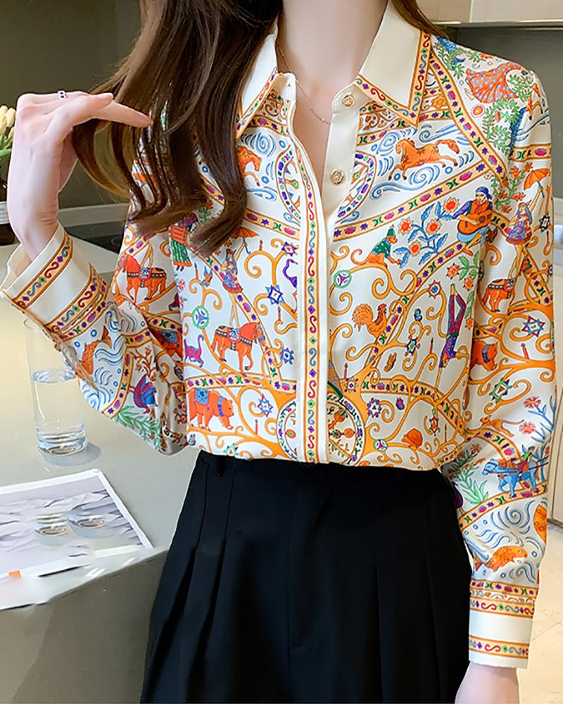 

Buttoned Animals Graphic Print Long Sleeve Shirt, Orange