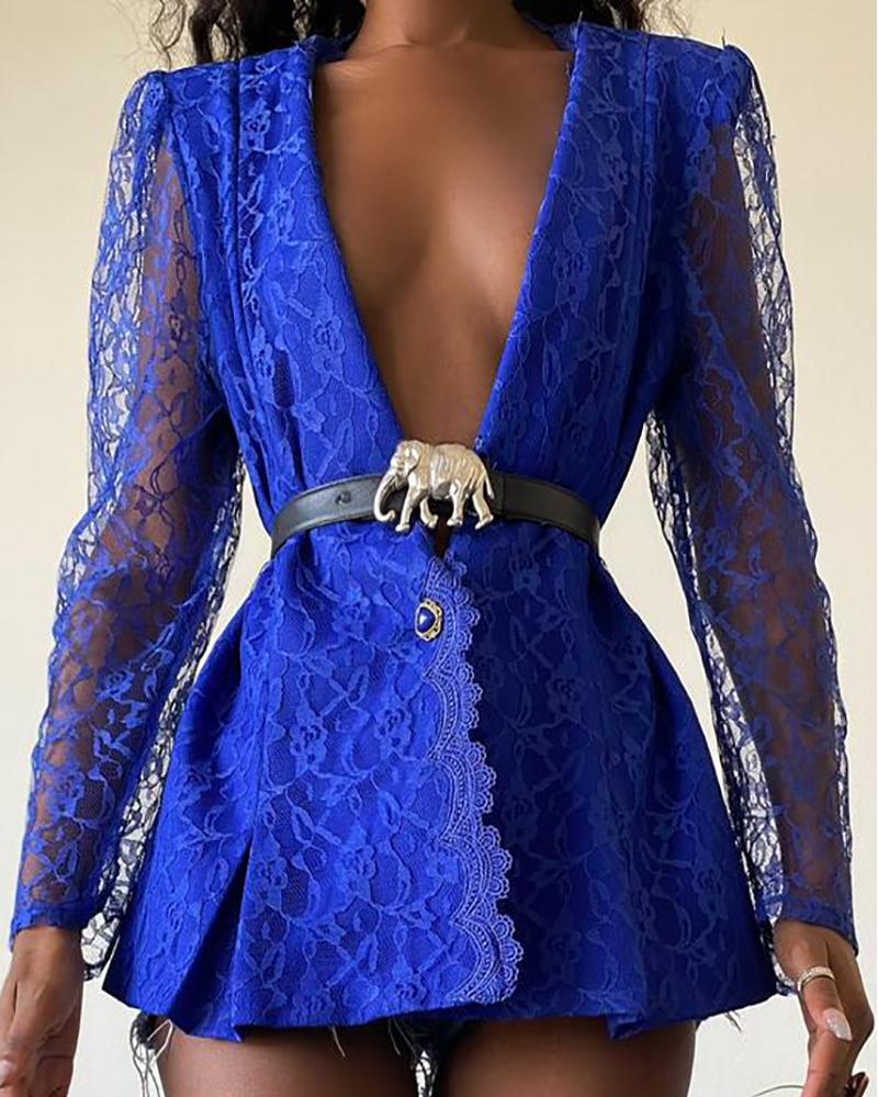 

Crochet Lace Long Sleeve Plunge Blazer Coat, Blue