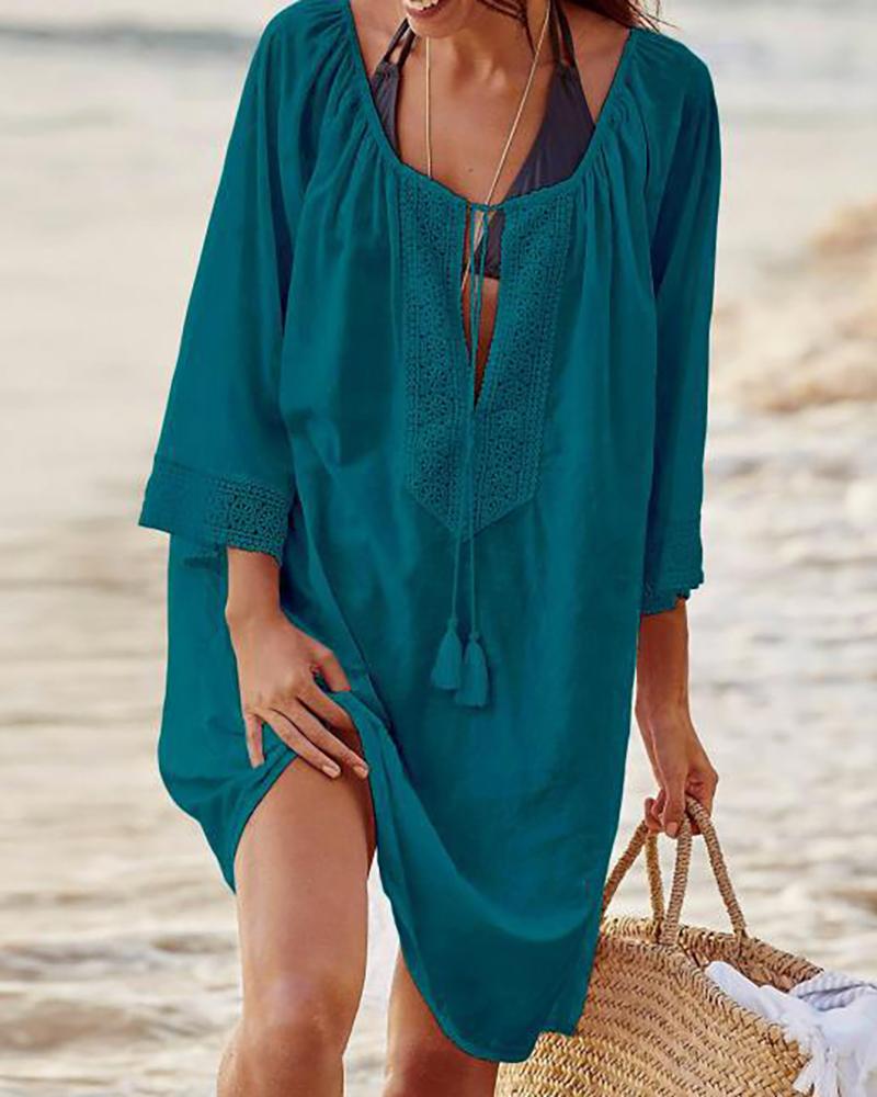 

Lace Patch Hollow Out Tassel Design Cover Up, Green
