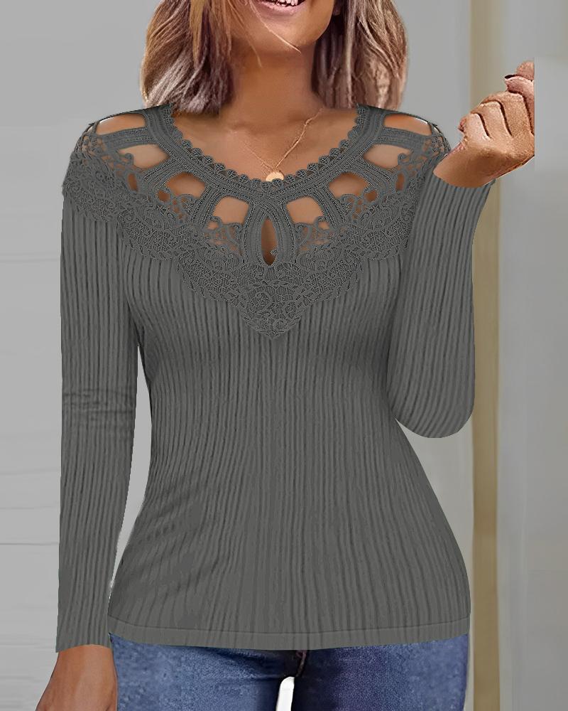 

Hollow Out Lace Patch Ribbed Top, Gray