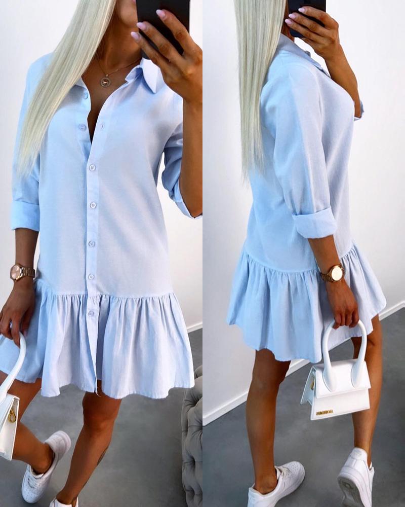 

Long Sleeve Buttoned Ruffle Hem Shirt Dress, Blue